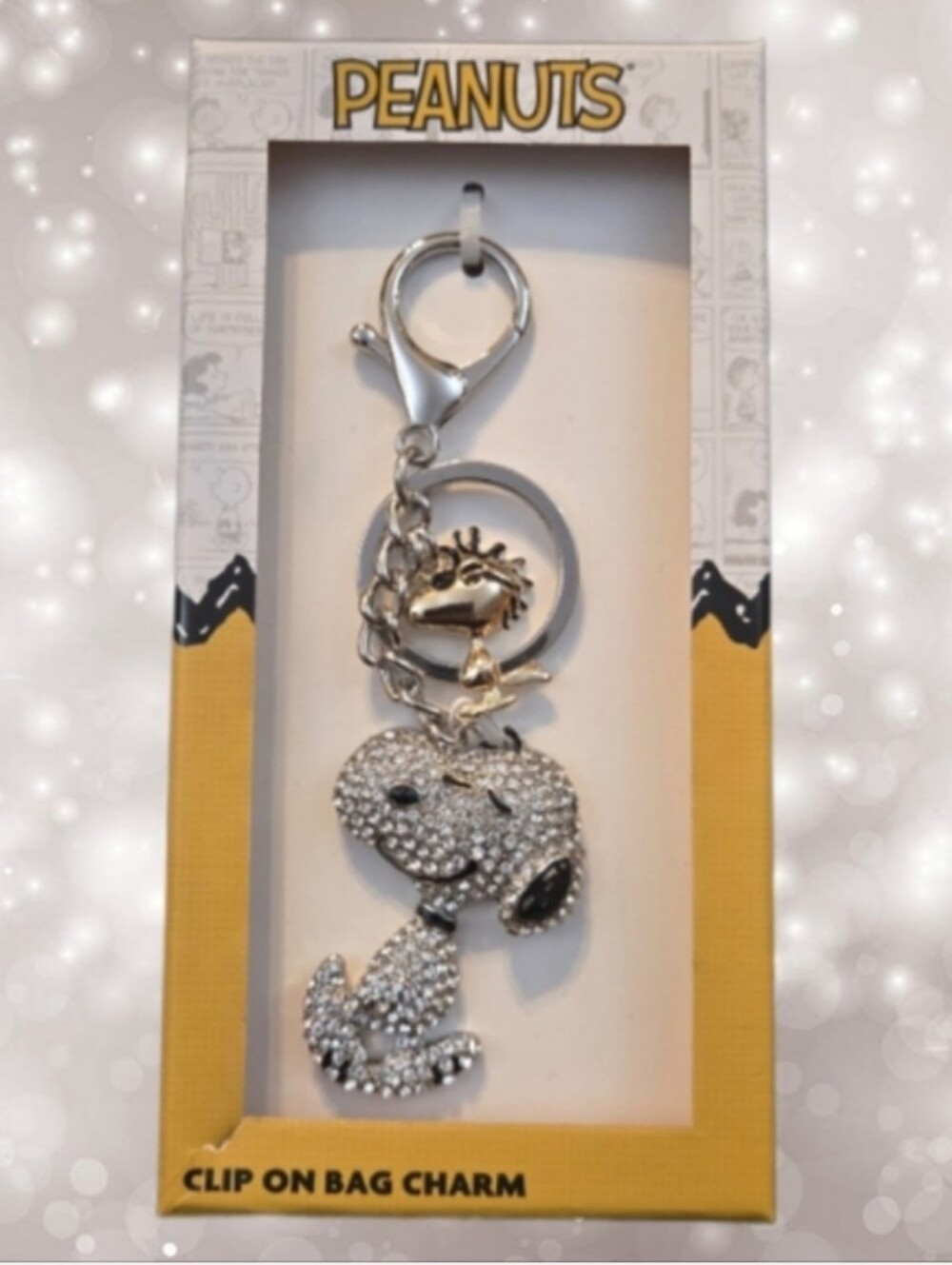 Peanuts Silver Snoopy & Woodstock Crystal Clip-On Bag Charm/keychain